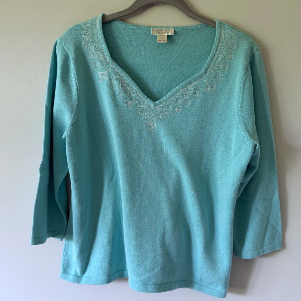 Christopher & Banks Turquoise Blue Embroidered V-Neck Cotton Sweater L Cottage